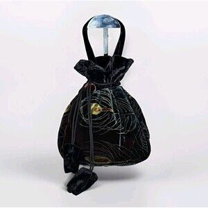 Vintage J & X  NY Black, Teal Yellow Velvet Peacock Feather Drawstring Pouch